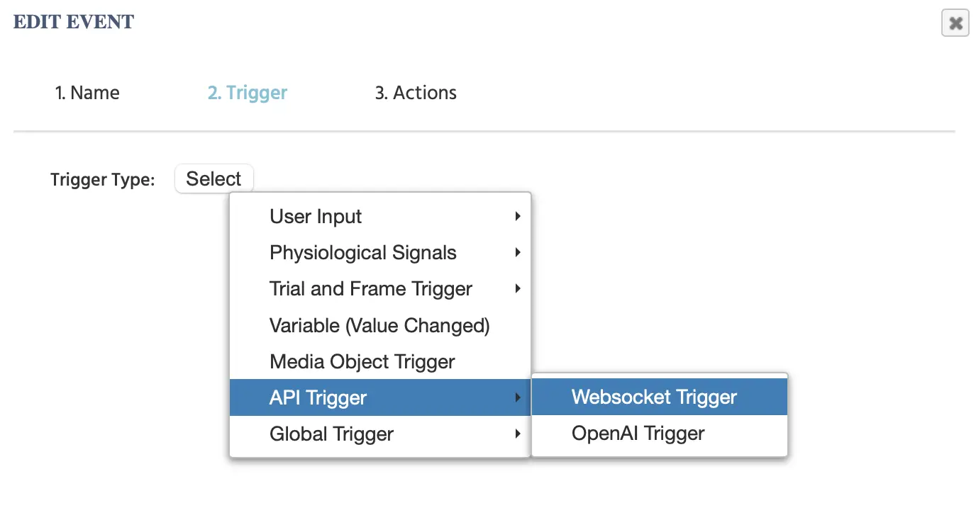 La opción de disparador de Websocket.