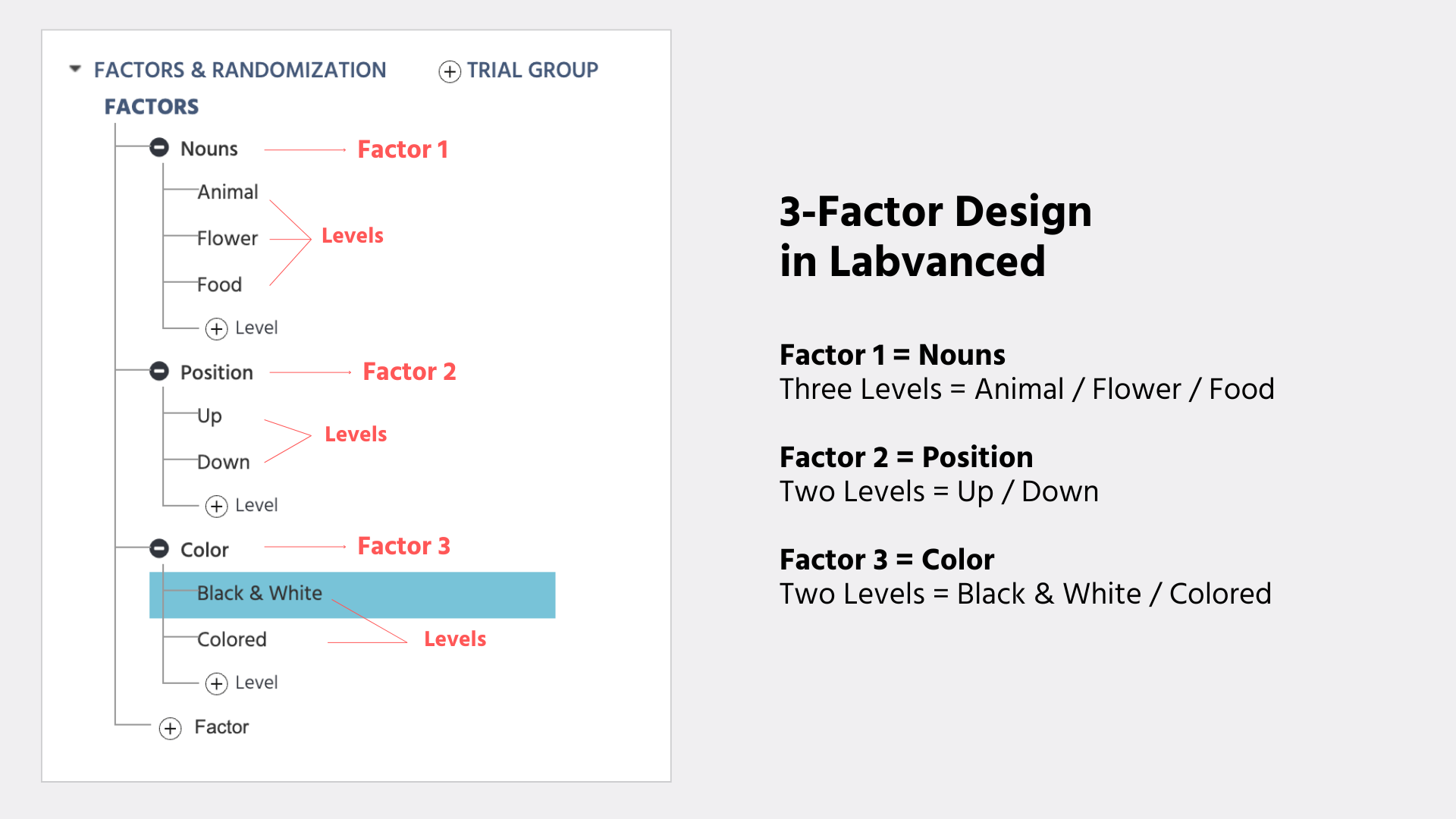 Ejemplo de creación de un diseño de 3 factores en Labvanced.