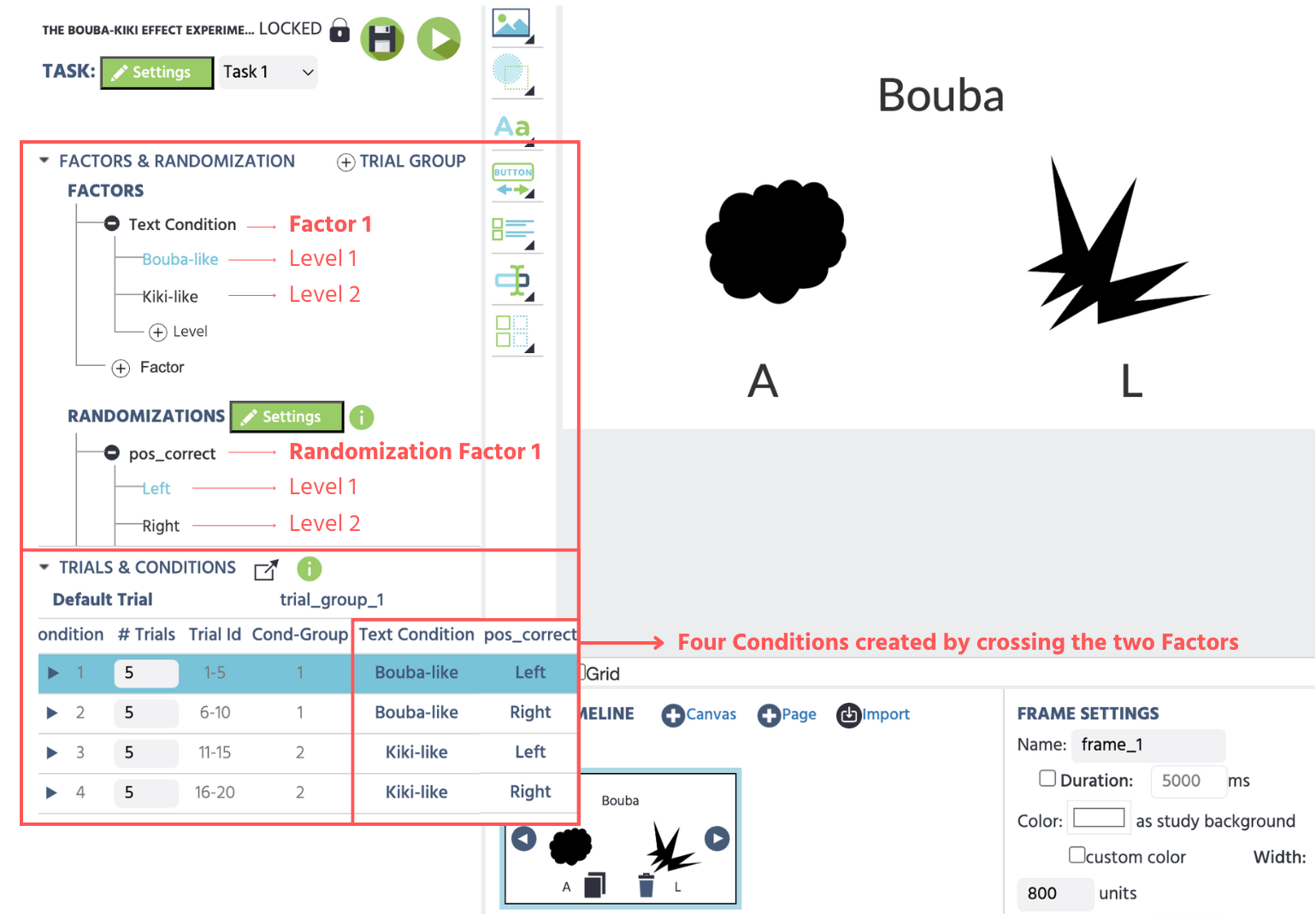 Example of creating fixed factors and randomization factors for the Bouba-kiki experiment online.