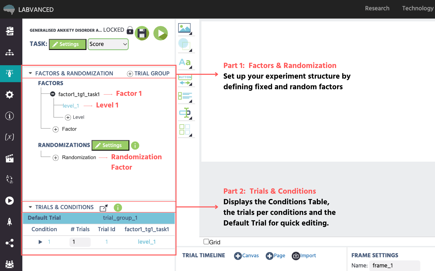 Áreas principales del sistema de ensayos en Labvanced