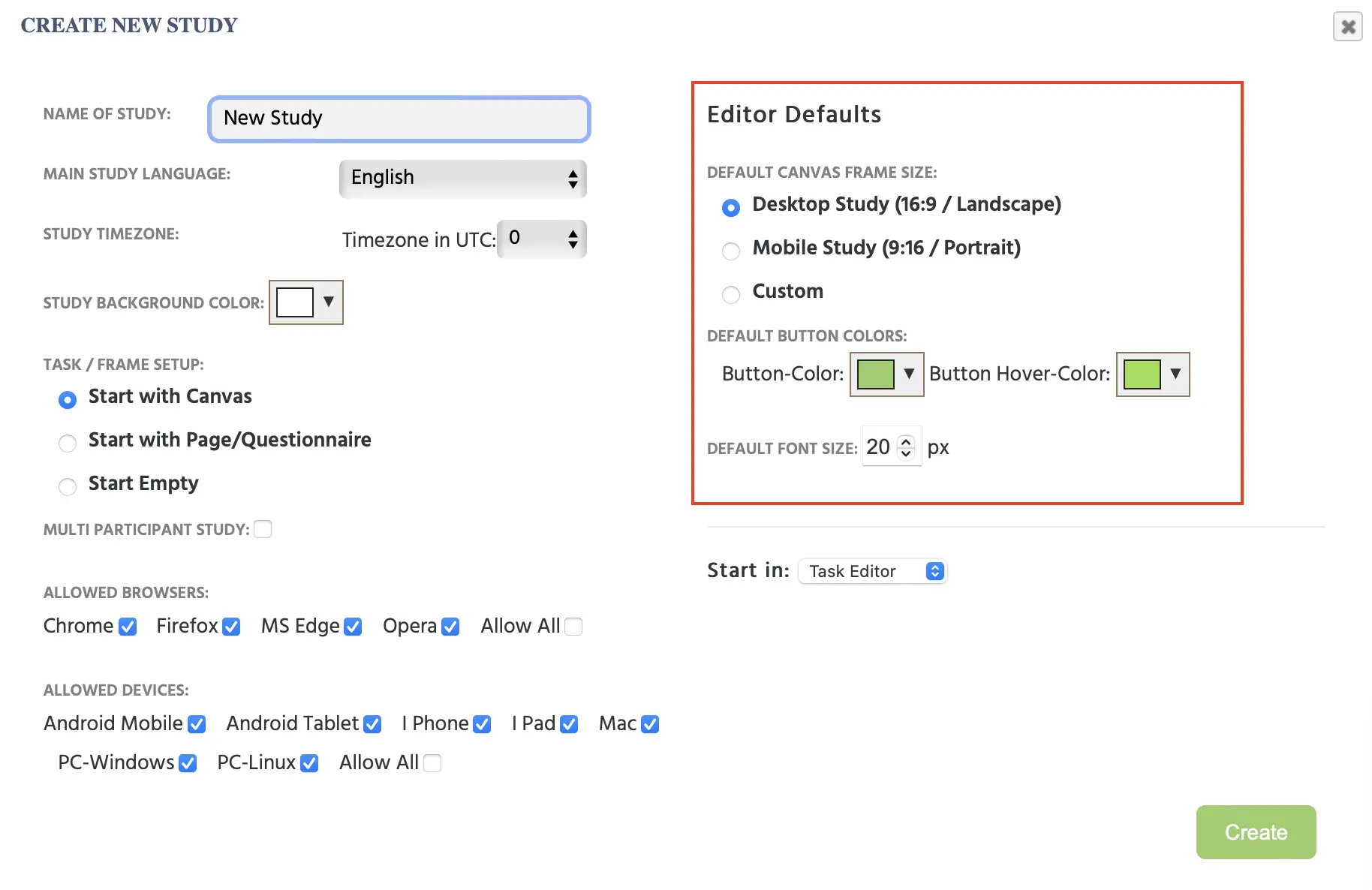 New setting in Labvanced for creating default styling for buttons