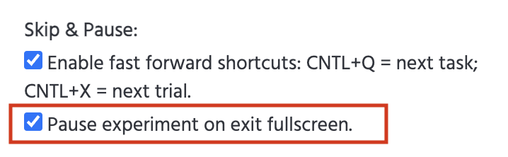 Recommended settings for pausing experiment on exit full screen in Labvanced - a data collection example.