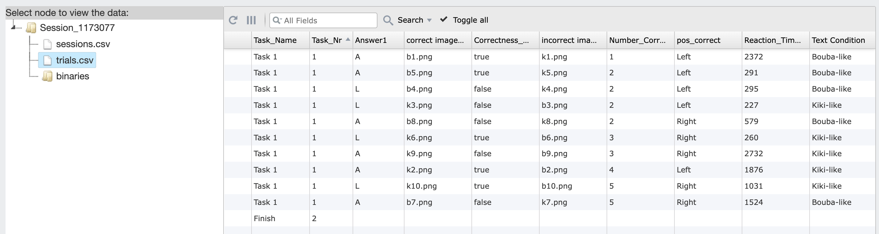 Example of data collected during the Bouba Kiki task.