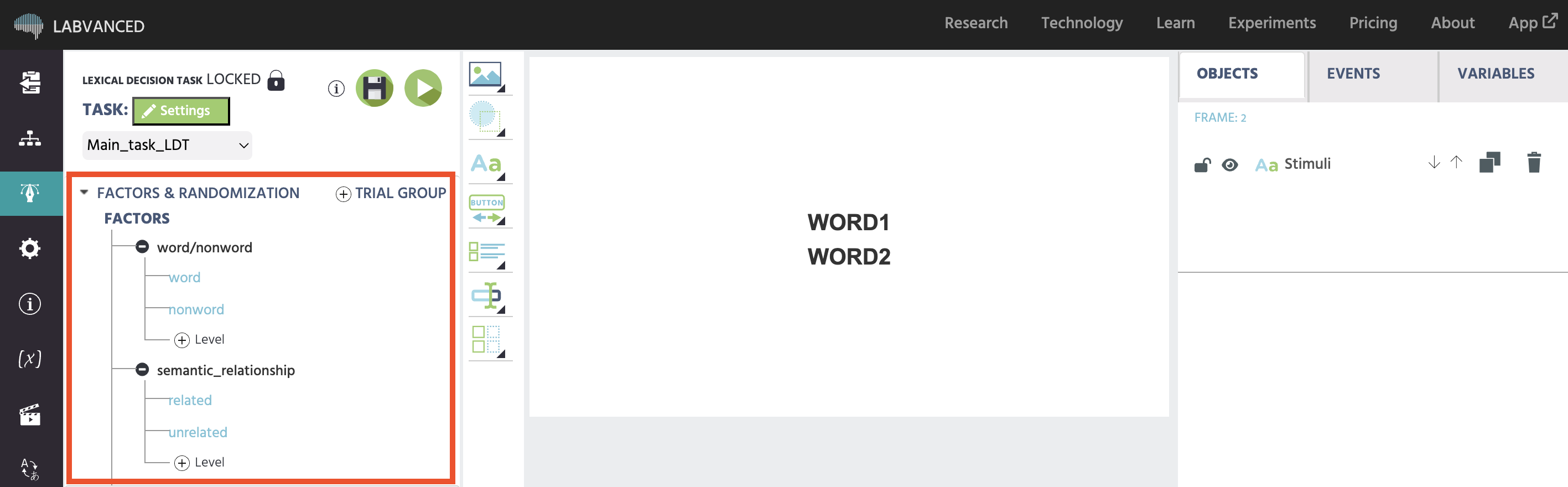 Example of building the Lexical Decision Task online in Labvanced experiment to study language proficiency. 