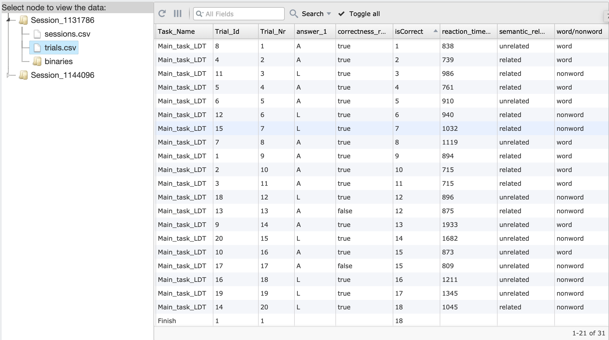 Example of Lexical Decision Task results collected from an online experiment in Labvanced.