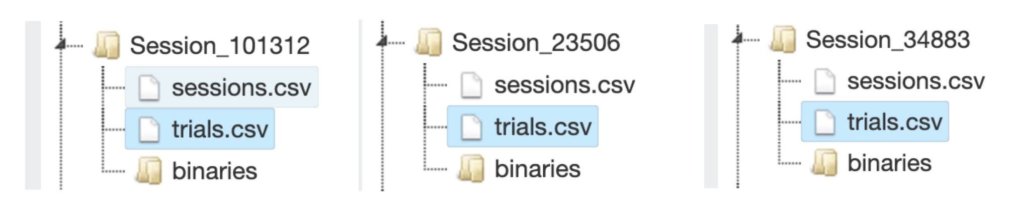 View of the Dataview & Export tab where the session and trial data for the image description gamification task is going.