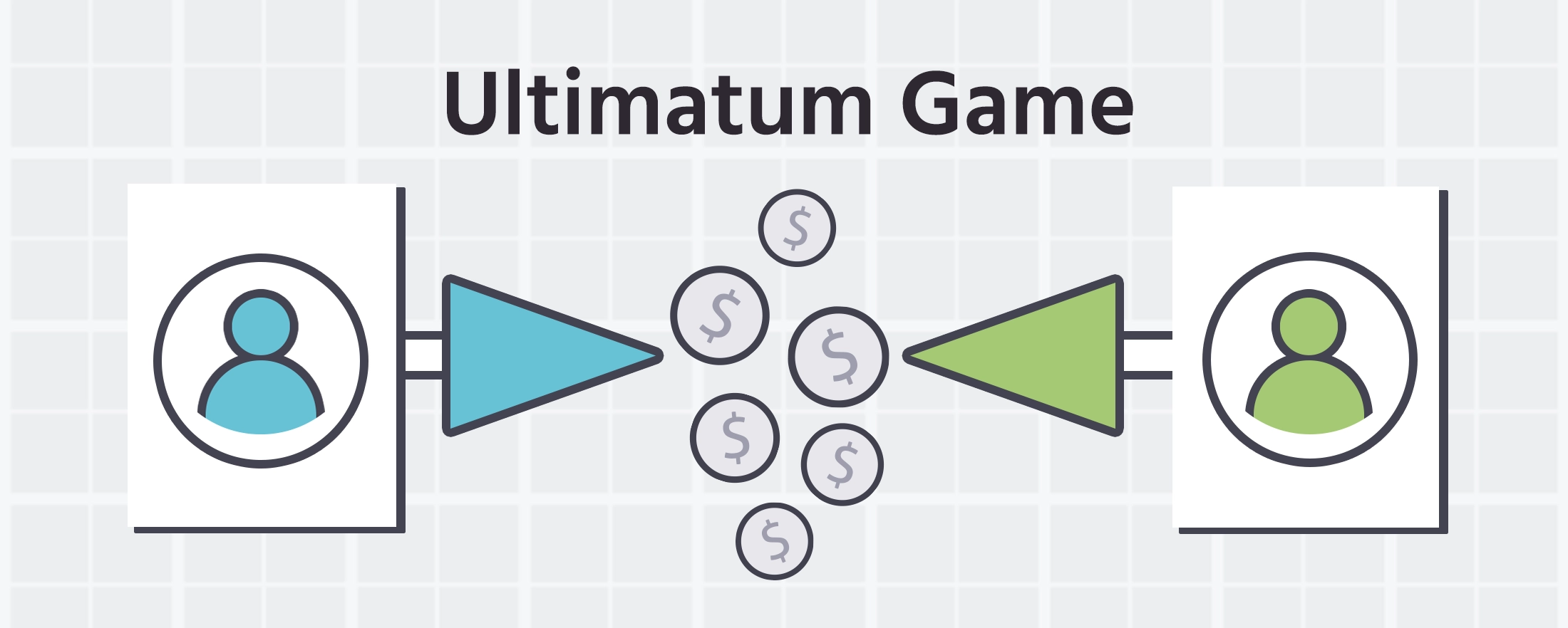 Abstract illustration of the ultimatum game theory between two players exchanging money.