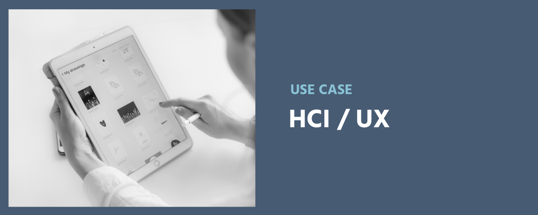 A woman holding a tablet, performing a task designed in Labvanced, powerful hci research software.