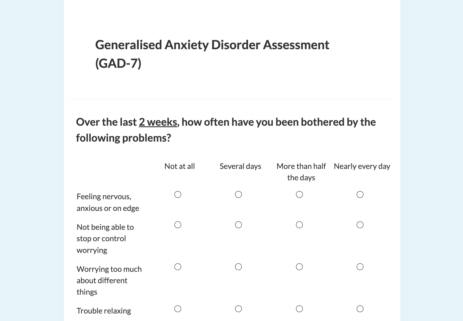Preview of the GAD-7 task in Labvanced