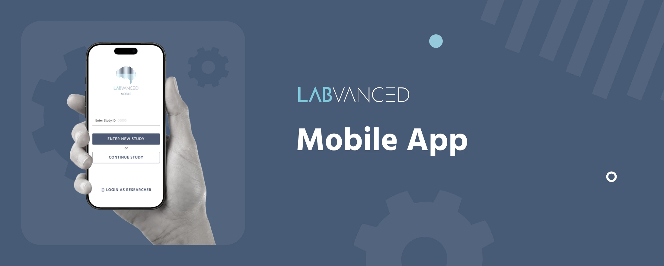 A hand holding a custom phone app from Labvanced for conducting mobile app-based psychology research, ideal for longitudinal studies.