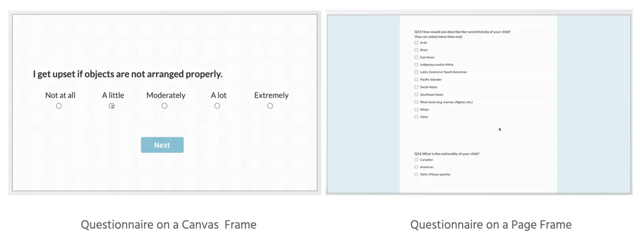 The difference between canvas and page frames for implementing online questionnaire design.
