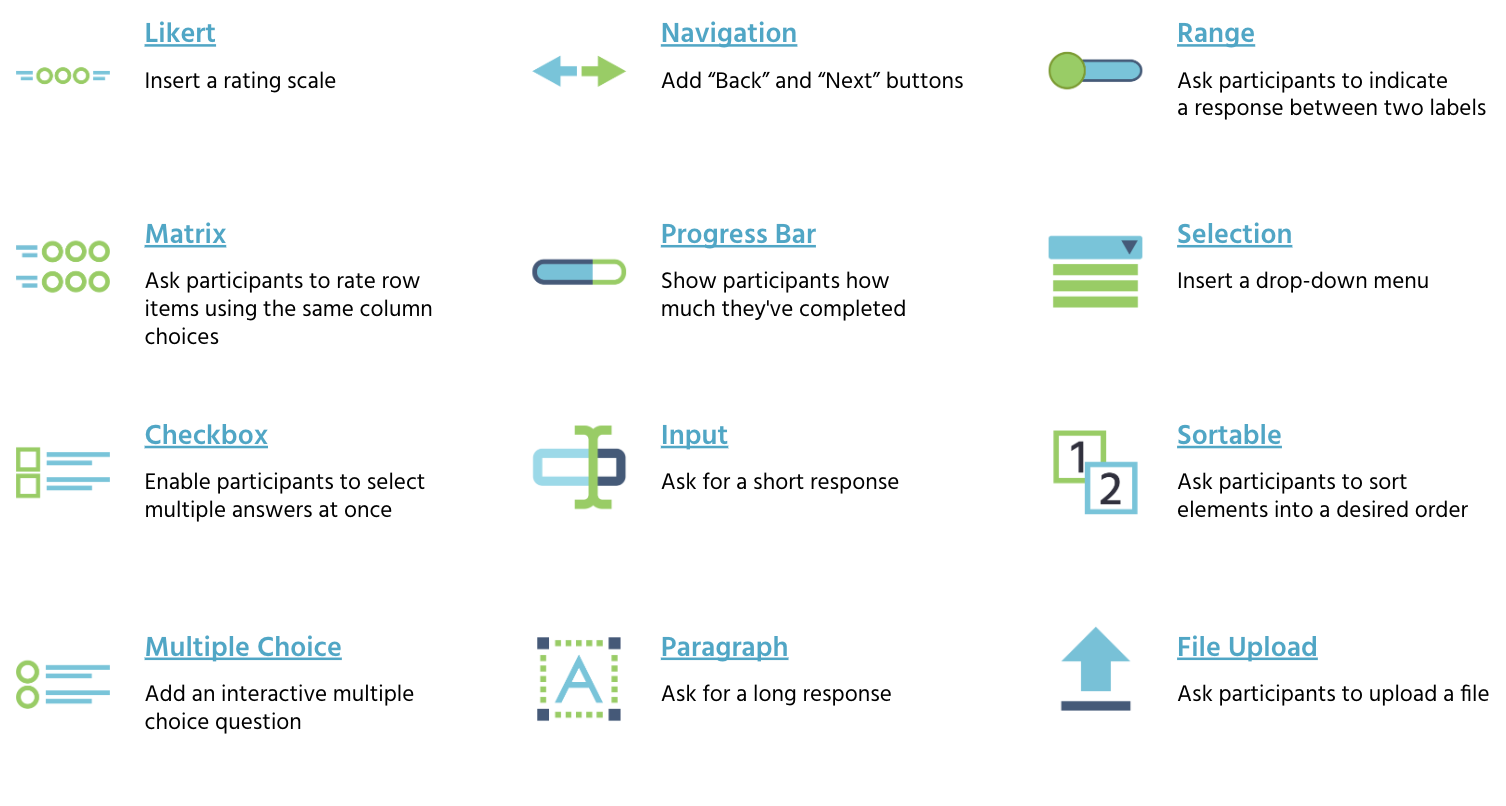 The various questionnaire objects and elements used for online questionnaires in the Labvanced platform.